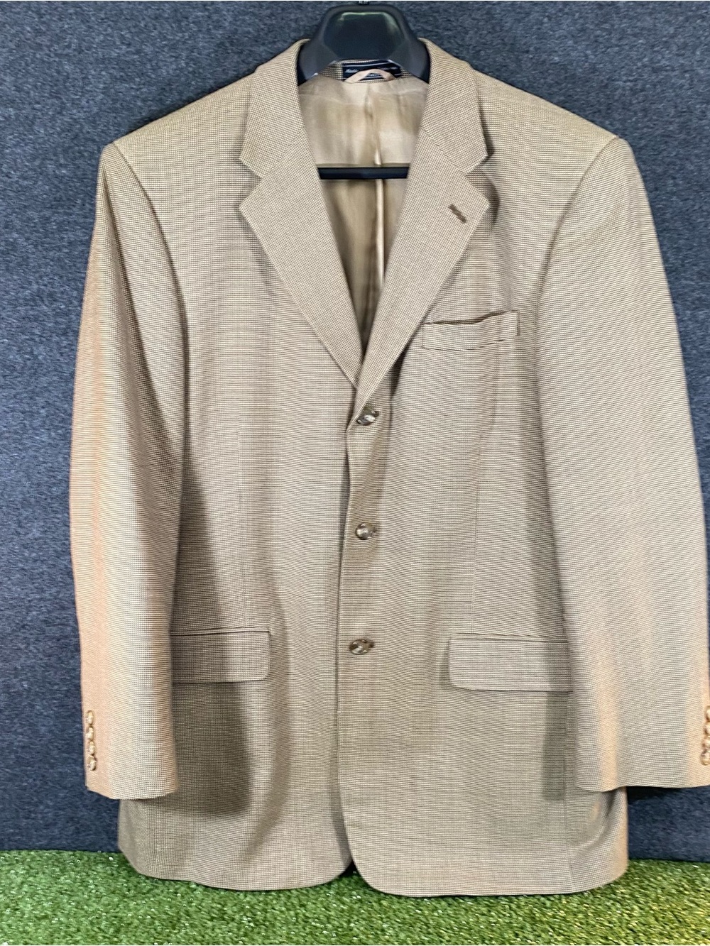 Bill Blass Sport Coat Blazer Mens 42 Long Beige Houndstooth Wool 3 Button Jacket